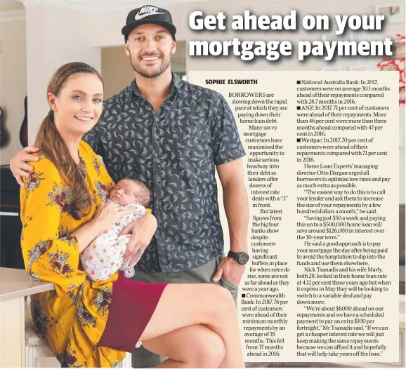  ?? Picture: RICHARD DOBSON ?? OUT IN FRONT: Nick and Marly Tsanadis with three- week old Demi, pay an extra $ 100 per fortnight on their home loan.