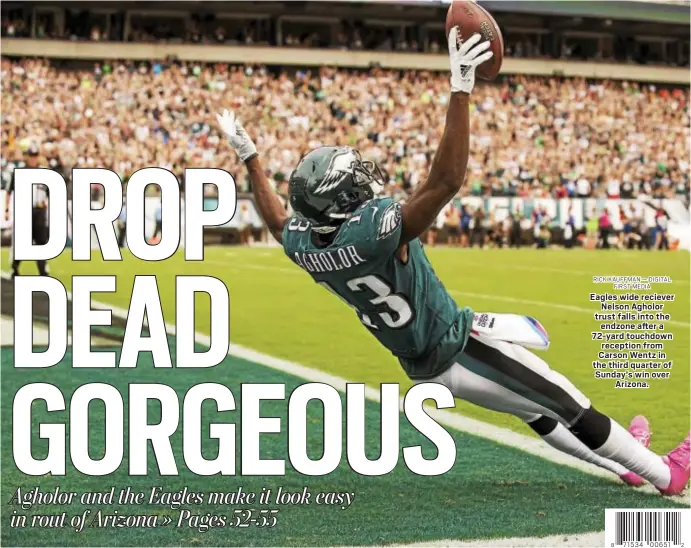  ?? RICK KAUFFMAN — DIGITAL FIRST MEDIA ?? Eagles wide reciever Nelson Agholor trust falls into the endzone after a 72-yard touchdown reception from Carson Wentz in the third quarter of Sunday’s win over Arizona.