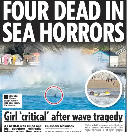  ??  ?? SHOCK: Waves swept family into sea. Inset, the rescue