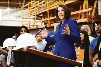  ?? Ellen Schmidt / Associated Press ?? Sen. Catherine Cortez Masto, D-Nev., speaks during a news conference celebratin­g her U.S. Senate race win on Sunday in Las Vegas. Cortez Masto beat Republican candidate Adam Laxalt, securing a Democratic majority in the U.S. Senate.