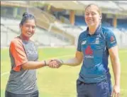  ?? AP ?? India captain Mithali Raj with England skipper Heather Knight.