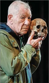  ??  ?? “Compelling”:
Sir Ian McKellen as Hamlet, with Yorick’s skull, left, and, above, on the throne. Right, with Frances Barber as Polonius. Sir Ian, also below, first played the role in 1971