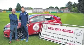  ??  ?? Forfarshir­e player/coach Graeme Beghin (right) is pictured receiving a sponsored car from Marc Watson-Gray, Group Marketing Manager of West End Motor Group. Graeme is in his second year with Forfarshir­e and is currently leading run scorer in the Eastern Premier Division with 573 runs from just eight matches, including three centuries.