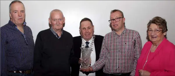  ??  ?? At the Wexford Bridge Congress in Clayton Whites Hotel a trophy was presented to Victor Kelly and Trevor Murphy who won the Novice Pairs at the Waterford Congress. From left: Jim Kennington (Waterford Congress), Victor Kelly, Peter O’Meara (President CBI), Trevor Murphy and Maria Devereux (Regional President).