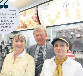  ??  ?? Hinckley MP David Tredinnick with franchisee Lorraine Lee and business manager Lucy Lockley at Hinckley McDonald’s in 2013