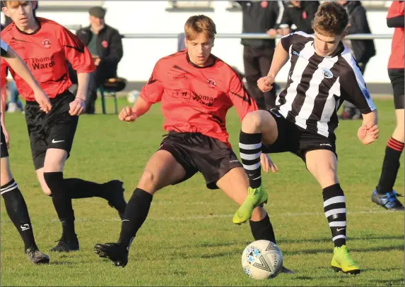  ??  ?? Sean Kedzierski of Park FC and Josh Roberts of St Marys challenge for control, in their FAI Youths Cup game on Sunday Photo by Domnick Walsh