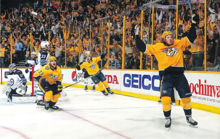  ?? — GETTY IMAGES ?? Nashville’s top line of Viktor Arvidsson, left, Filip Forsberg and Ryan Johansen celebrate after connecting for a goal in Sunday night’s 5-4 win over the Jets.