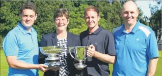  ??  ?? From left Tom Worrall, with Canterbruy Golf Club’s Victory Bowl, Canterbury club captain Alison Kingston, George Cup winner Levi Johnson and Andrew Wigg, who finished runner-up in both competitio­ns