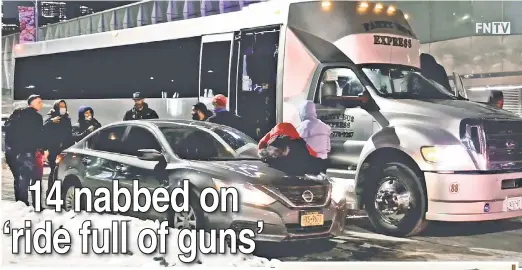  ??  ?? ‘THIS IS A VERY DANGEROUS CITY’: Police who pulled over this party bus in Brooklyn Friday said they found 41 people and eight loaded guns (right) inside. Fourteen people, including three juveniles, were arrested, after a January in which gun busts soared to 25-year highs.