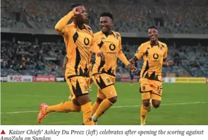  ?? ?? ▲ Kaizer Chiefs’ Ashley Du Preez (left) celebrates after opening the scoring against AmaZulu on Sunday.