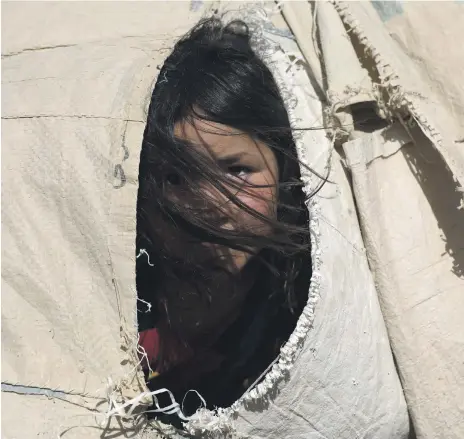  ?? AP ?? An Afghan girl peers out from her makeshift shelter at a camp on the outskirts of Mazar-i-Sharif in northern Afghanista­n