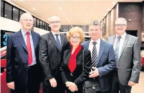  ??  ?? Local family Mazda dealer celebrates 35 years. From left: Tony Marshall; Peter Marshall, marketing director; Dianne Marshall; Andrew Gardner, sales manager; and Gareth Jones, managing director