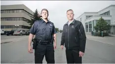  ?? TROY FLEECE ?? Staff Sgt. Brad Walter, left, and Jamie Hanson, manager of facilities and engineerin­g with the City of Regina, outside the current RPS headquarte­rs and former STC bus terminal in Regina.