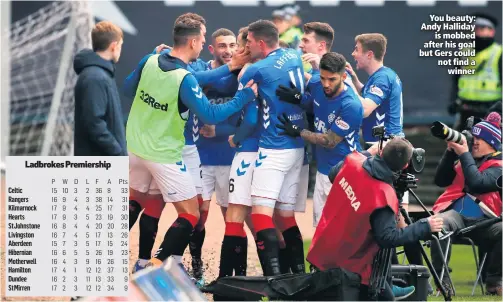  ??  ?? You beauty: Andy Hallidayis mobbed after his goal but Gers could not find awinner