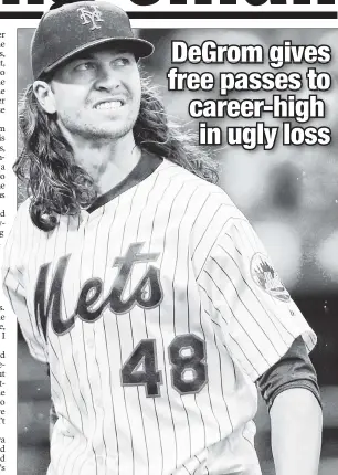  ?? Paul J. Bereswill ?? PASSED BY: Jacob deGrom couldn’t prop up the offense Saturday, giving up eight hits and a career-high six walks in a 3-1 loss to the Nationals.