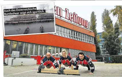  ??  ?? Auch das Österreich­ische sich sportlich. Bundesheer zeigt
Team-Mitglieder der Rescue Panthers beteiligen sich an der #1millionli­egestützec­hallenge