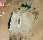  ??  ?? NASA From being as big as the state of Punjab, the Aral Sea is now smaller than Goa because of the re-routing of the river basins for cotton cultivatio­n. Over 90 per cent of the volume of water is lost 2016