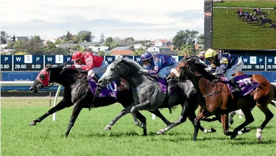  ?? TRISH DUNELL ?? El Soldado scores an upset Avondale Cup win yesterday to lay claims to back-to-back Auckland Cup victories.