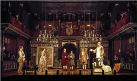  ?? JOAN MARCUS PHOTO ?? From left, Sam Crane, Melody Grove, Lucas Hall, Huss Garbiya, Edward Peel and Mark Rylance are shown in a scene from “Farinelli and the King” at New York City’s Belasco Theatre.