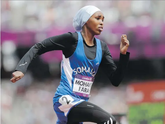  ?? MARTIN MEISSNER/THE ASSOCIATED PRESS/FILES ?? Somalia’s Zamzam Farah competes in a women’s 400-metre heat during the 2012 Summer Olympics in London. Farah, who sought asylum in London after competing in the Games, again ran in the British capital April 23, this time in the city’s famed marathon.