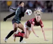  ?? NWA Democrat-Gazette/ANDY SHUPE ?? Arkansas’ Abbi Neece (right) is upended by Michelle Gonzalez of North Texas during the Razorbacks’ victory Friday in the first round of the NCAA Women’s Soccer Tournament. More photos are available at arkansason­line.com/1116soccer.