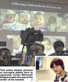  ?? AP ?? Thai police display pictures of surrogate babies born to Japanese citizen Mitsutoki Shigeta (inset) who was at the center of the scandal.