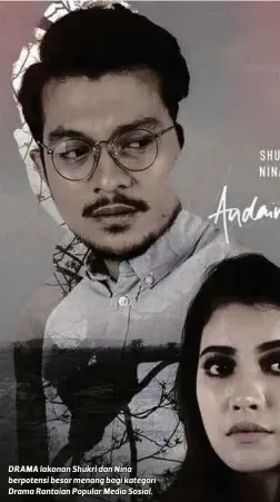  ??  ?? DRAMA lakonan Shukri dan Nina berpotensi besar menang bagi kategori Drama Rantaian Popular Media Sosial.