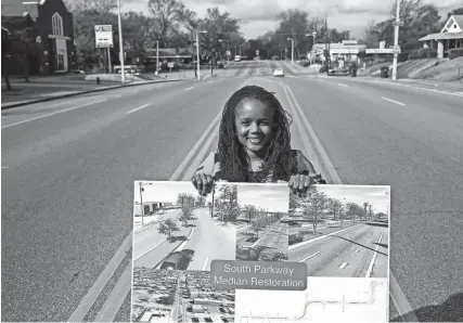  ?? THE COMMERCIAL APPEAL FILES ?? Feb. 24, 2017: Roshun Austin, executive director of The Works Inc., holds a sign of what the future median along South Parkway will look like while standing in the current median. A $250,000 constructi­on project funded by a grant from the Hyde Family Foundation will extend the South Parkway median from its terminus near Gaither Street to about a mile westward, at Lauderdale. “It’s a buffer; it will calm the traffic,” Austin said. “But it’s also about beautifica­tion and to feel safer as a pedestrian.”