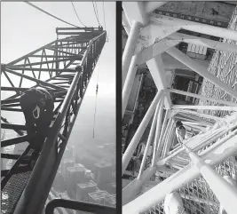  ?? ?? Above: A scene from the film that shows tower crane operators climbing up the towers.