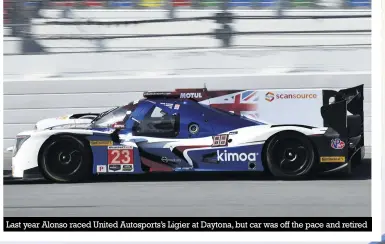  ??  ?? Last year Alonso raced United Autosports’s Ligier at Daytona, but car was off the pace and retired