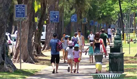  ?? HAWAII NEWS NOW ?? Signs warning that beachfront parks close at midnight line a sidewalk in Waikiki, a Honolulu neighbourh­ood. Violators receive a criminal citation.