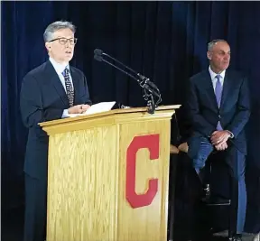  ?? DAVID S. GLASIER — THE NEWS-HERALD ?? Indians owner Paul Dolan and Major League Baseball Commission­er Rob Manfred announce that the 2019 All-Star Game has been awarded to Cleveland.