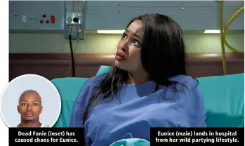  ?? ?? Dead Fanie (inset) has caused chaos for Eunice.
Eunice (main) lands in hospital from her wild partying lifestyle.