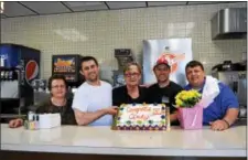  ?? LUCAS RODGERS — DAILY LOCAL NEWS ?? From left, Olympia Lymberis, Pete Lymberis, Cindy Fillman, Nick Lymberis and John Lymberis stand behind the counter at the Little Chef in Coatesvill­e. Fillman retired on Monday, after working at the Little Chef for about 50years.