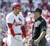  ?? AP photo ?? The Cardinals’ Nolan Arenado argues with umpire crew chief Mark Wegner after being ejected during the eighth inning Wednesday.