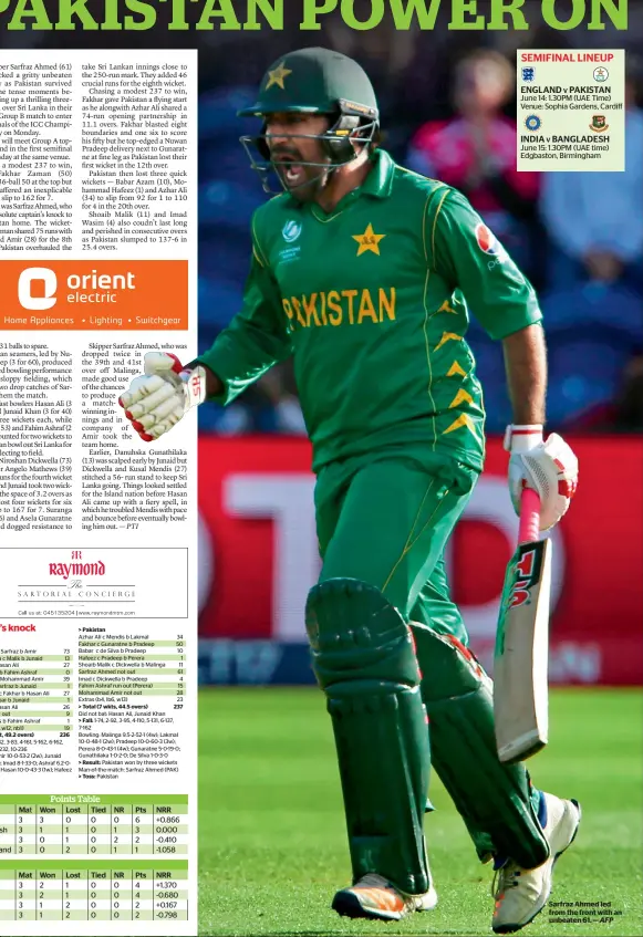  ?? AFP ?? Sarfraz Ahmed led from the front with an unbeaten 61. —