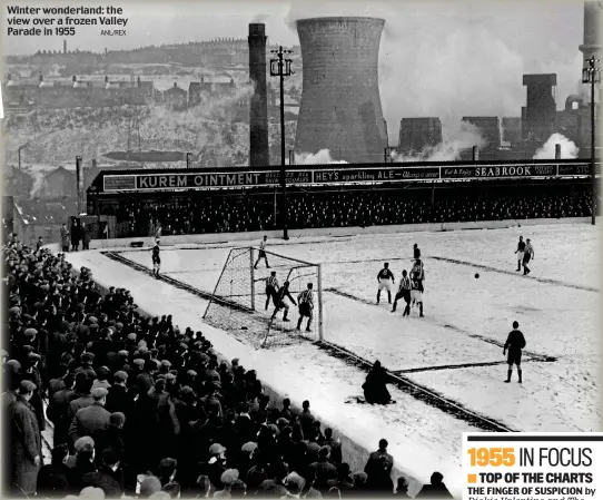  ?? ANL/REX ?? Winter wonderland: the view over a frozen Valley Parade in 1955