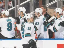  ?? Andy Devlin / NHLI via Getty Images ?? The Sharks’ Kevin Labanc (62) scored his first career hat trick as San Jose extended its winning streak to five games.