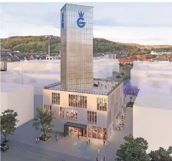  ?? VISUALISIE­RUNG: GLASMACHER­VIERTEL GMBH ?? So soll der Wasserturm einmal aussehen: Für das Erdgeschos­s ist eine Gastronomi­e vorgesehen, im ersten und zweiten Obergescho­ss sitzt das Projektbür­o, und auch die Terrasse soll „bespielbar“sein.