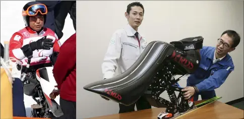  ??  ?? (Left) Taiki Morii is shown on a sit-ski developed by Toyota. • (Right) Tomohito Enomoto of Toyota Motor Corp., left, and Yoshihisa Yamada of Nissin Medical Industries Co. explain the sit-ski developed by their team. — Japan News-Yomiuri photos