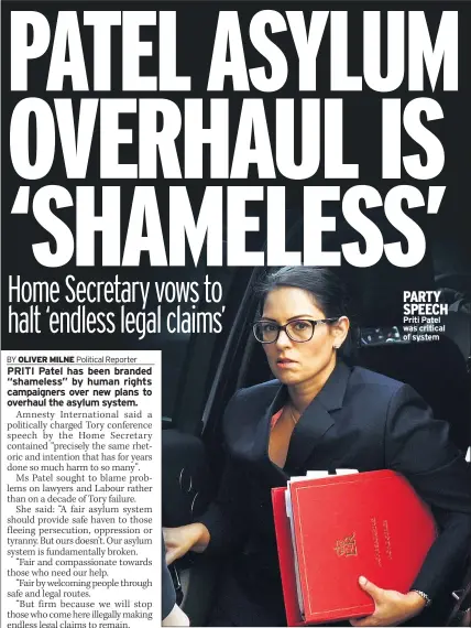  ??  ?? PARTY SPEECH Priti Patel was critical of system