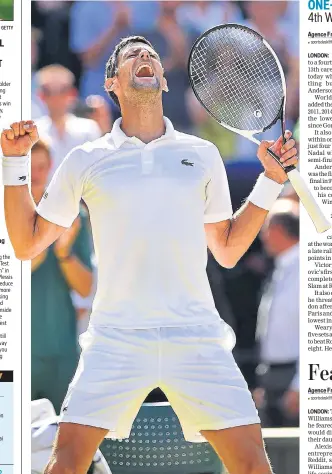  ?? GETTY AFP ?? ■ Novak Djokovic celebrates after beating South Africa's Kevin Anderson in the men's singles final at The All England Club in Wimbledon on Sunday.