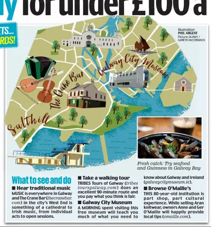  ?? Illustrati­on: PHIL ARGENT Picture: ALAMY / GARETH McCORMACK ?? Fresh catch: Try seafood and Guinness in Galway Bay