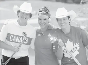  ?? Photos: Stuart Gradon/calgary Herald ?? From left, Kerrin Lee Gartner, former Canadian alpine skier, Mellisa Hollingswo­rth, Canadian Skeleton competitor, and Cassie Campbell-Pascall, former Canadian women’s hockey team member, were part of the Olympic contingent that played Wednesday in the...