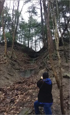  ?? CHAD FELTON — THE NEWS-HERALD ?? Madison Township resident Ann Febel snaps a shot while hiking at Hidden Valley Park. Visitation to Lake Metroparks properties has boomed since the novel coronaviru­s shutdown began in March.