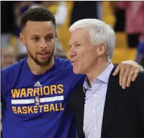  ?? Tribune News Service/getty Images ?? Stephen Curry (30) of the Golden State Warriors speaks with Davidson head coach Bob Mckillop prior to Game 1 of the 2017 NBA Finals against the Cleveland Cavaliers at ORACLE Arena in Oakland.