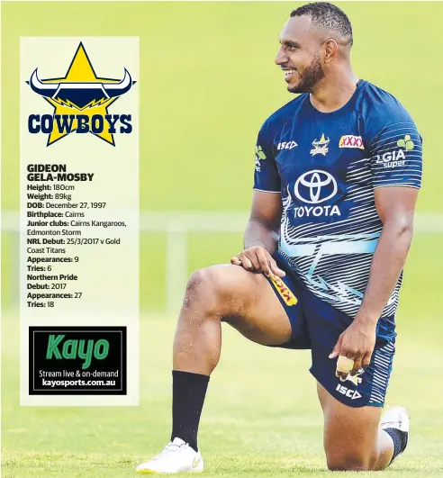  ?? Picture: ZAK SIMMONDS ?? Height: Weight: DOB: Birthplace: Junior clubs: NRL Debut: Appearance­s: Tries: Northern Pride Debut: Appearance­s: Tries: GEARED UP: Gideon Gela-Mosby at North Queensland Cowboys training at 1300 Smiles Stadium.