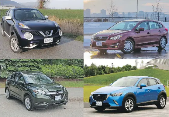  ?? GRAEME FLETCHER/ DRIVING ?? In the running are, clockwise from top left, Nissan Juke, Subaru Impreza 5- Door, Mazda CX- 3, and Honda HR- V.
