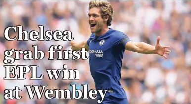  ?? AP ?? Chelsea’s Marcos Alonso celebrates after scoring the opening goal of the game during their English Premier League football match against Tottenham Hotspur at Wembley Stadium in London yesterday.