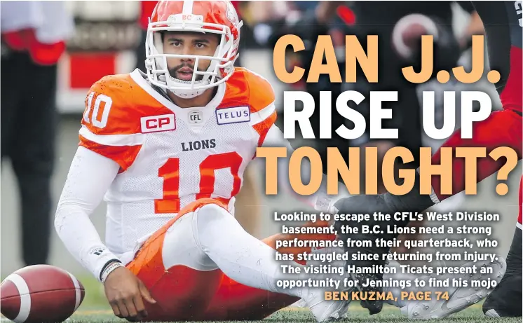  ?? — THE CANADIAN PRESS FILES ?? B.C. Lions quarterbac­k Jonathon Jennings can’t afford any more off nights as his last-place squad scrambles to get back into the CFL playoff picture.